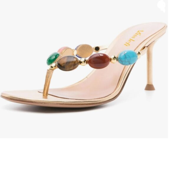 miss left Shoes - miss left Gold Jewelled Open Toe Flip Flops Thin High Heel Slip on Thong Sandals
